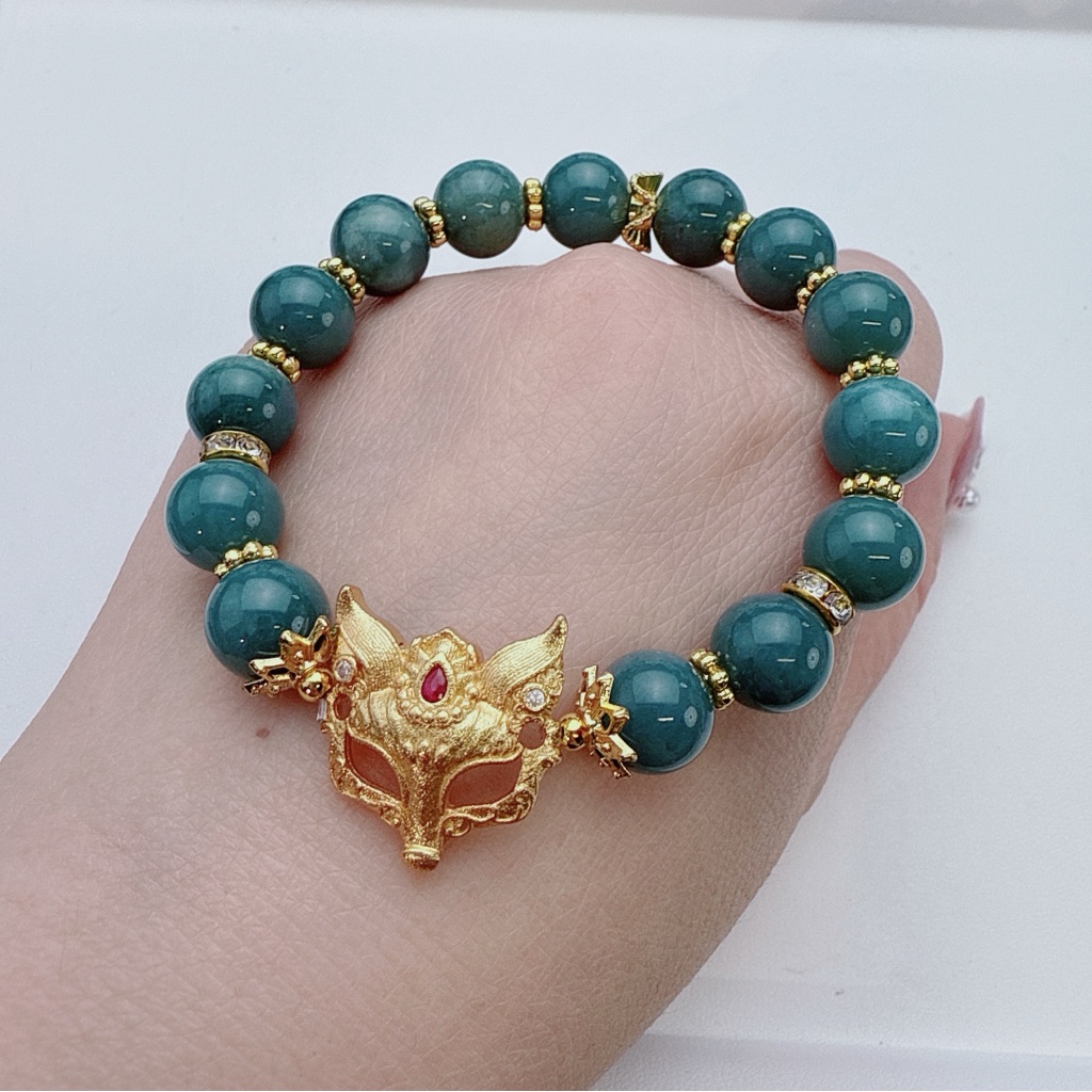 Gb31 Handmade Jadeite Stretchable Bracelet With Fox Mask Charm 35$
